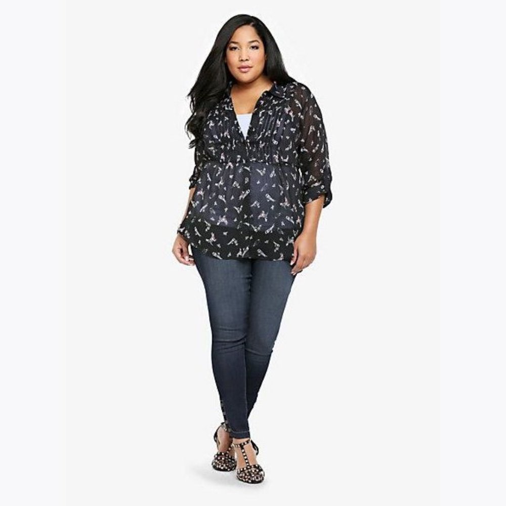 TORRID Bird Print Chiffon Hi-Lo Button-Up Tunic 2X